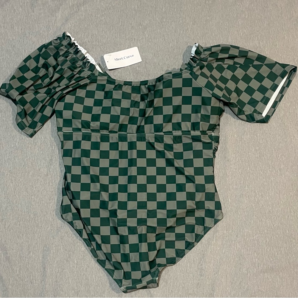 NWT Meet Curve Green Check One Piece Swimsuit V-Neck Mesh Low Back - Picture 4 of 7